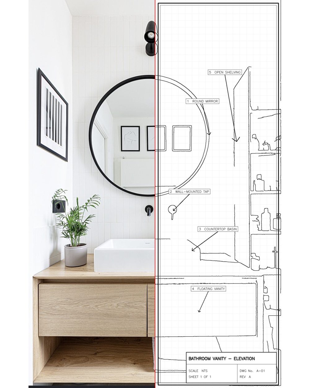 A Nord bathroom shown half as the finished room and half as the design drawing: round mirror, wall-mounted tap, countertop basin, floating oak vanity and open shelving